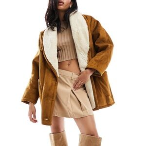 Pull&Bear faux suede shearling detail coat in tobacco brown